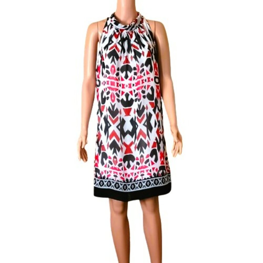 Women's Sheer Halter Shift Dress M Neck Wrap. Fully Lined. Abstract Print